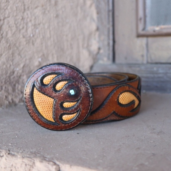 RARE 70s Vintage WYLY\'s Brown Leather Buckle Belt w/ Genuine Turquoise main image 4